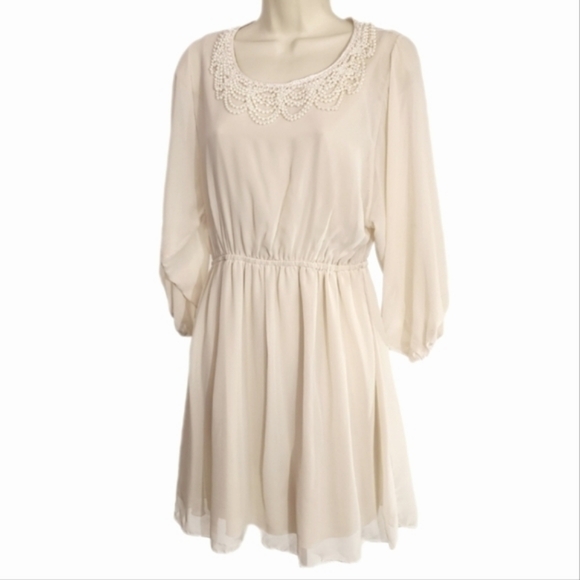 Ing Dress Sheer Overlay And Faux Pearl Strands Collar Long Sleeve Cream Size L - Picture 3 of 15